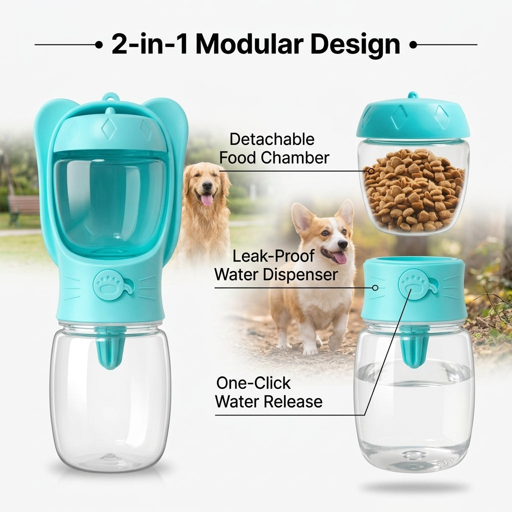 2-in-1 Pet Travel Water Bottle & Food Feeder