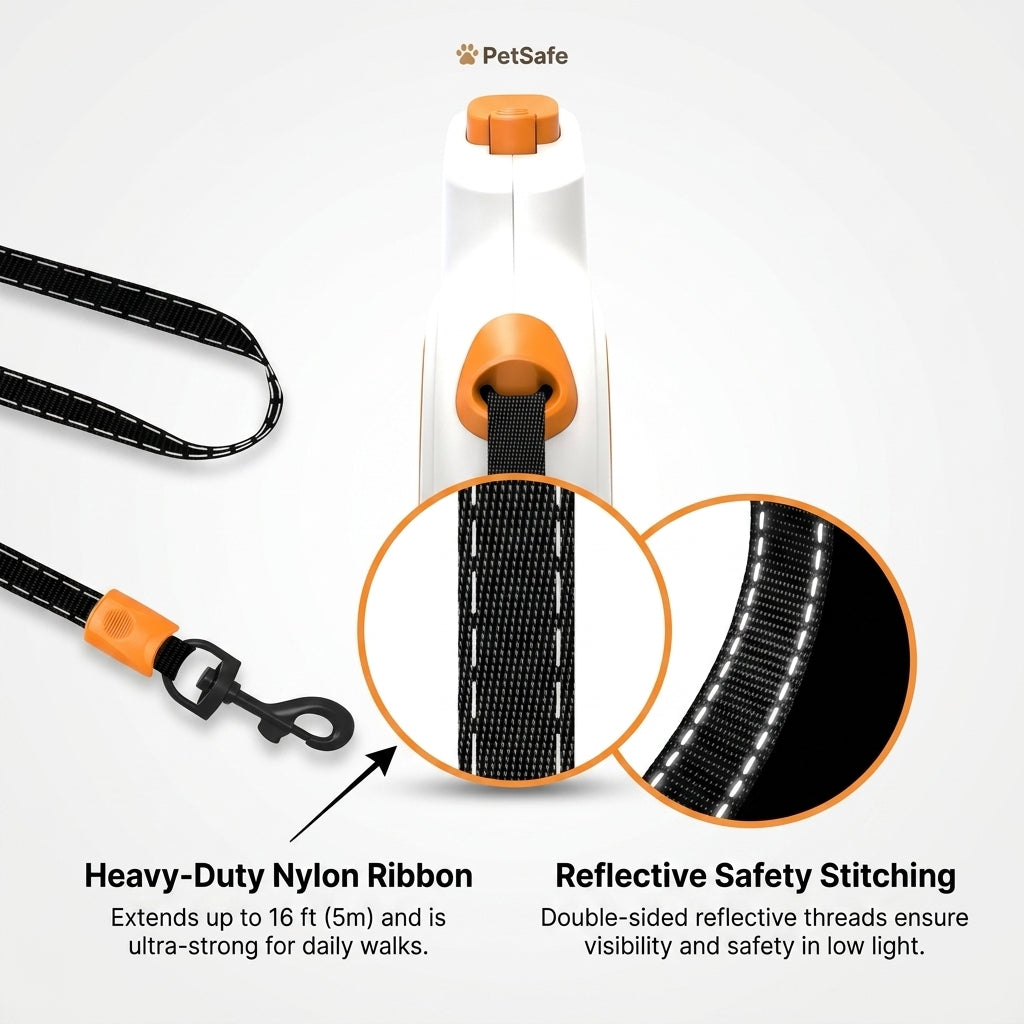 Heavy-Duty Retractable Dog Leash with Reflective Ribbon