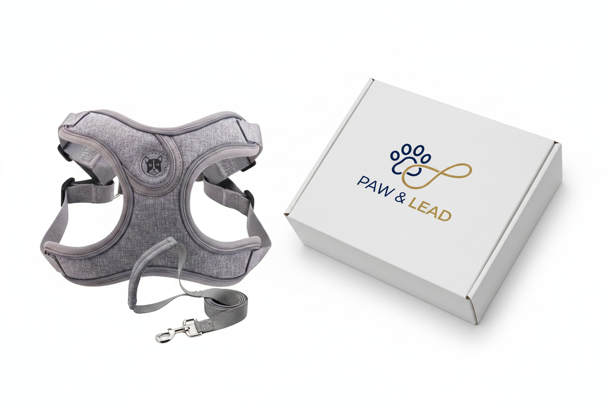 Padded Dog Harness with White Paw & Lead Box